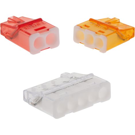 Lot de 100 bornes à insertion directe 0.2 à 2.5 mm² – 30 bornes 2 entrées, 50 bornes 3 entrées, 20 bornes 5 entrées – Tension 450V, courant 24A – BLM (1/5)