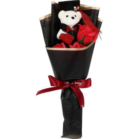Bezaubernder Teddybärenstrauß, ideales Abschlussgeschenk, einzigartige Blumendekoration für Absolventen. – 36,00 x 16,00 x 8,00 cm – Rot (1/4)