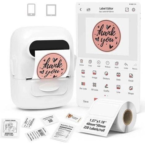Mini etichettatrice, stampante per etichette con codice a barre, etichettatrice autoadesiva, etichettatrice termica Bluetooth P50, compatibile con smartphone e PC (bianca, 1 rotolo di carta) (1/4)