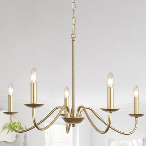 Lustre Doré 5 Lumières Lustre Salon Classique, Suspension Luminaire Vintage Classique Style Bougie, Lustre Or pour Salle à Manger, Chambre, Cuisine, Couloir, Douille E14 Hauteur Réglable (1/5)