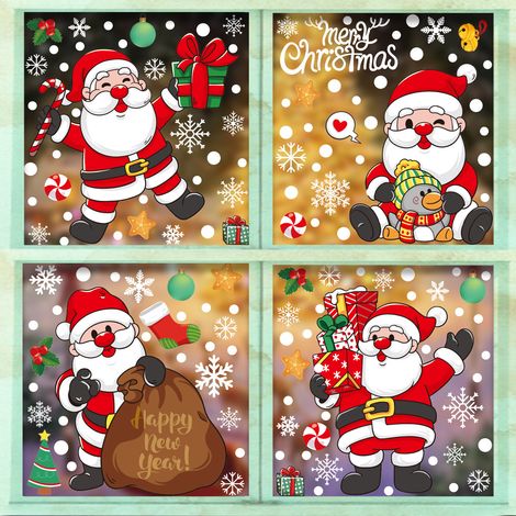 Décorations de Noël, cadeaux Père Noël et bonhomme de neige, autocollants statiques pour chambres, salons et vitrines - [Quatre combinaisons] 415+416+420+421 -