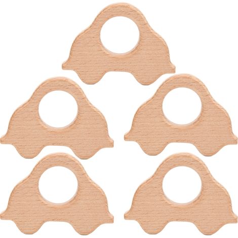 5Pcs Wooden Teether Toys Natural Beech Sturdy Durable Impact Resistance Smooth Safe Non Toxic Wood Teething RingsCar (1/5)