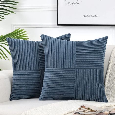 dekorative Kissenbezüge für Wohnzimmer, Sofa und Bett, rustikaler Landhausstil, Boho-Stil, weiche Kissenbezüge mit Patchwork-Textur aus Cord (60 x 60 cm) – Denimblau (1/5)