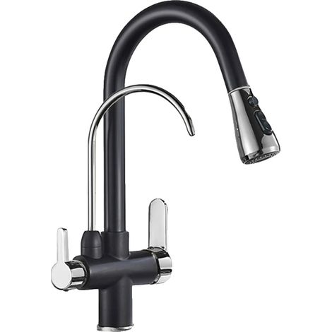 Grifo de cocina con rociador extraíble, rotación de 360 grados, color negro y cromo. (1/2)