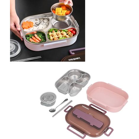 Luftdichte Lunchbox für Kinder aus Edelstahl 316, isolierte Lunchbox mit vier Fächern (rosa und lila) sowie Suppenschüssel, Einzelportion. (1/5)