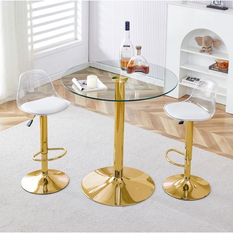 Mesa de bar de vidrio 89 cm con 2 taburetes regulables y giratorios, transparente y dorado DESVIAE (1/5)