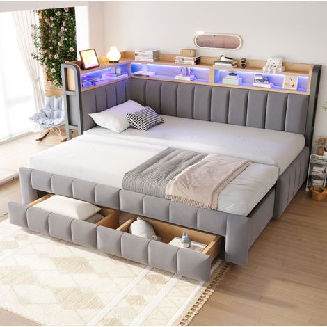 Lit banquette simple 90x200 cm convertible en 180x200 cm avec rangement, LED, USB et Type-C, velours gris clair (1/5)