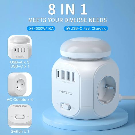 Protecteur de surtension monobloc avec USB, cube multiprise avec 4 prises, 3 ports USB et 1 port de type C, prise de courant avec rallonge de 1,8 m et veilleuse LED pour bureau, maison, voyage (1/4)