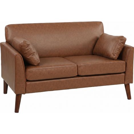HOMCOM 2 Seater Sofa, 132 cm Modern Small Sofa with Solid Wood Legs, Brown (1/5)