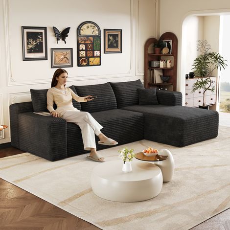 Canapé d'angle 241 cm motif nuage, style minimaliste moderne, assise profonde et confortable, livré monté — noir (1/4)