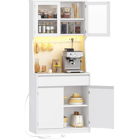 Meuble Cuisine, Buffet Haut, avec Multiprise et LED, Meuble de Rangement avec Plan de Travail et 4 Compartiments de Rangement, Cuisine, Salon, 40 x 75 x 180 Cm, Blanc Naturel (1/5)