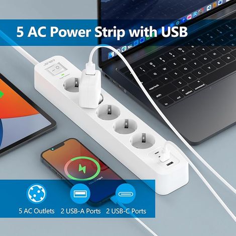 Multi-Socket Surge Protector, Sockets with USB Ports Travel Charger, Electric Power Strip Surge Arrester and Surge with Switch Cable m White (1/3)
