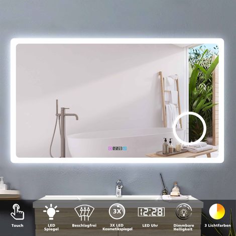Badspiegel mit Beleuchtung Badezimmerspiegel Wandspiegel Anti-Beschlag Wasserdicht Wandmontagespiegel Lichtspiegel 100 x 60 cm Beschlagfrei+Uhr+3 Lichtfarben Dimmbar+Kosmetikspiegel+Memory Funktion
