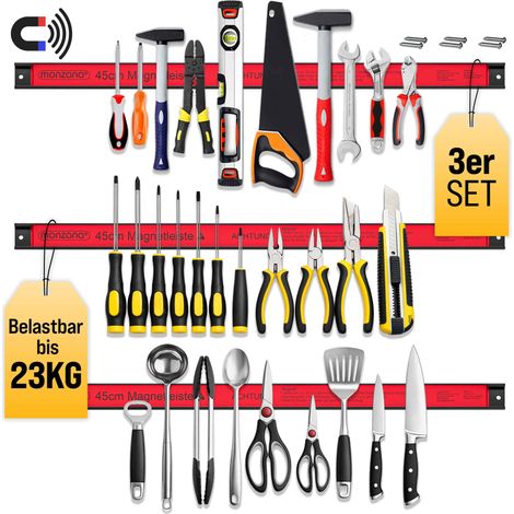 MONZANA® Barre magnétique pour outils aimant puissant rangement outils barre aimantée murale charge max. 23 kg outillage Set de 3 pièces 45cm