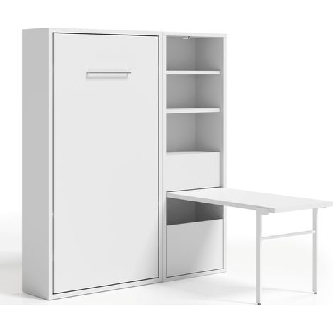 Lit escamotable vertical 120x200 avec armoire et bureau Kampo Sans matelas Noyer-Cadre Noyer-Façade Blanche (1/5)