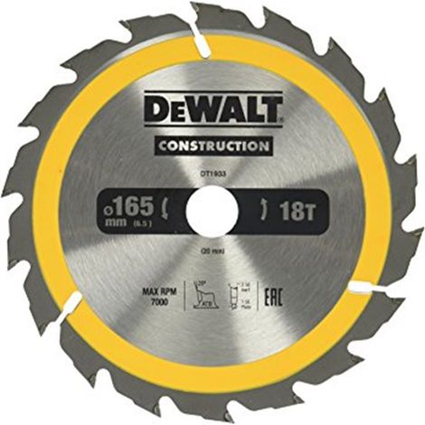 DeWalt DT1933-QZ-Hoja para Sierra Circular portátil para construcción 165x20mm 18D ATB +20º