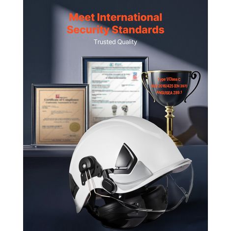 Casque de Sécurité Industriel, Casque de Protection Certifié ANSI/ISEA Z89.1, Ventilé et Réglable, en ABS, avec Visière, Cache-orei… (1/5)