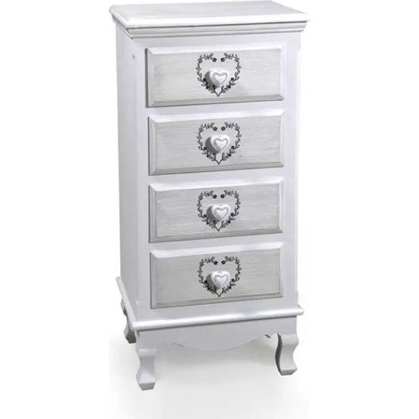 Elegante Vincy Kommode 40 x 30 x 82 cm in weißem Shabby Chic mit 4 Schubladen und herzförmigen Griffen