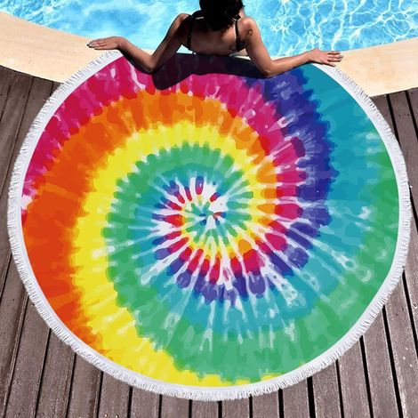 Serviette de plage mandala ronde 150cm, drap de bain microfibre ultra-léger, couverture de sable pour enfants, ados et adultes, motif coloré, idéale voyage et détente. (1/5)