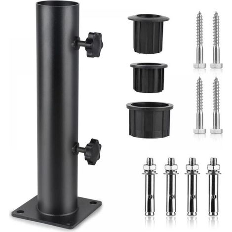 Parasol Stand, Parasol Tube, Adjustable Metal Parasol Holder with 3 PVC Reducing Rings (32/38/48mm), Parasol Stand Tube with 8 Steel Nails, Black (1/5)