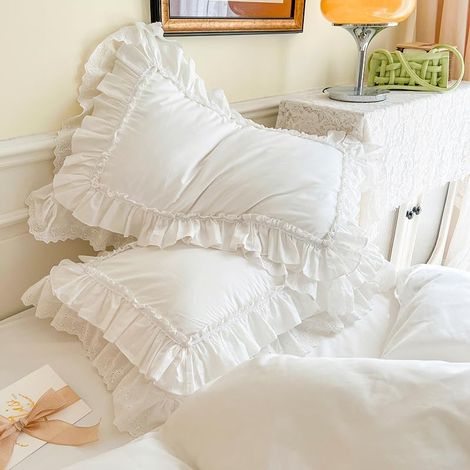 Lot de 2 taies d'oreiller de style shabby chic avec volants en dentelle-50,8 x 76,2 cm-En coton - élégantes et élégantes-Blanc (1/5)