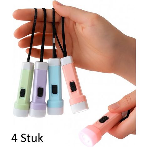 Set mit vier Mini-Taschenlampen – Mehrfarbige LED-Taschenlampe – Tragbare Schlüsselringlampe – Batteriebetrieben – Lustiges Gadget, perfekt für Partys, Abenteuer und als Weihnachtsgeschenk.
