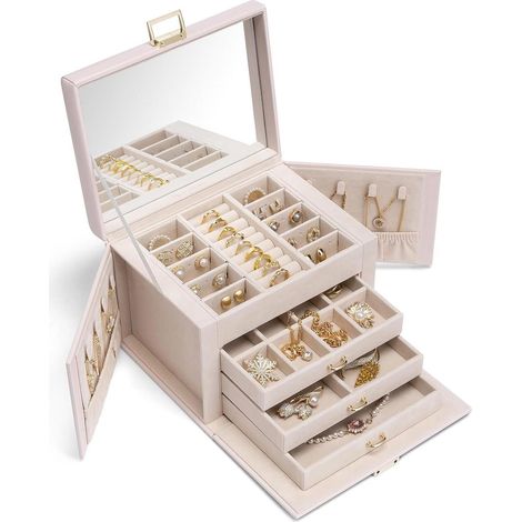 Schmuckkästchen groß mit Spiegel und 4 Ebenen, PU Leder, beige (1/5)