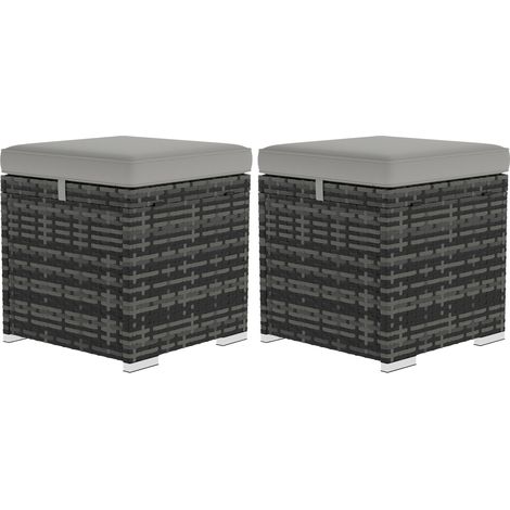 Set aus 2 Gartenhockern mit Stauraum aus synthetischem Rattan, Fußstütze mit Kissen, 40 x 40 x 41 cm, hellgrau