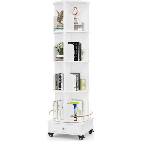 Libreria a 4 ripiani, girevole a 360°, con ruote, scaffale portaoggetti, 40x40x142cm, bianco (1/5)
