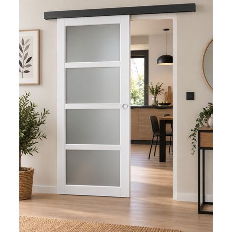 Puerta corredera Tana blanca con cristal H204 x L73 cm, riel de aluminio con banda negra, conchas blancas para GD MENUISERIES (1/5)