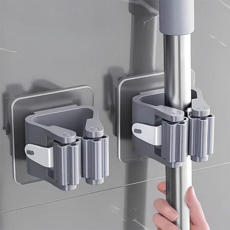 Gris Lot de 2 supports muraux pour balai Auto adhésif avec pince antidérapante Outils de nettoyage Crochet autocollant pour jardin, garage (1/5)