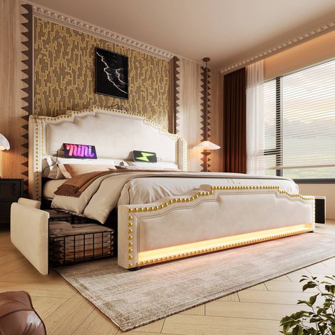 Lit double 140x200 cm beige en velours avec 4 tiroirs, led, port usb-c, lit coffre avec sommier, sans matelas (1/5)
