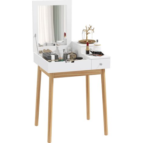 Tocador compacto transformable en escritorio 60 x 50 x 85.5 cm espejo abatible 2 cajones almacenamiento moderno de MDF blanco 210001420 (1/5)