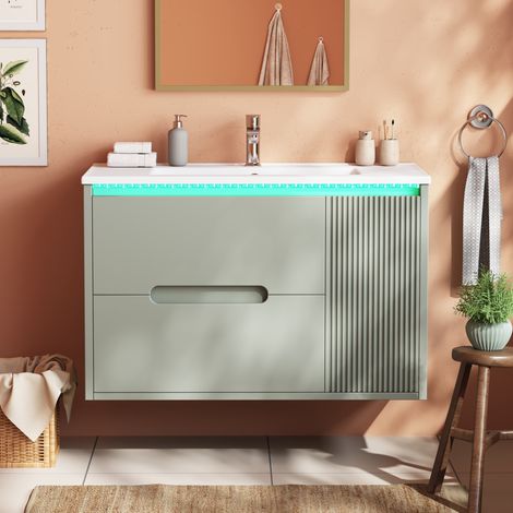 MODFU – Mobile sotto lavabo sospeso 81x47 cm in MDF/ceramica con lavabo integrato, ripiani regolabili, LED tramite app e cassetti ammortizzati – Verde (1/5)