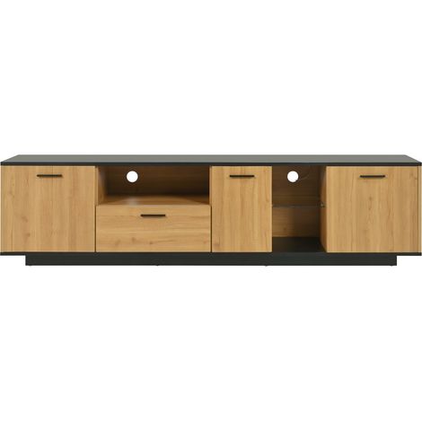 Meuble TV en MDF noir et bois naturel avec LED multicolores, 3 portes, 1 tiroir et 2 niches vitrées (1/5)