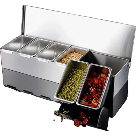Contenitore per spezie, in acciaio inox, capacità 600 ml, design a 6 scomparti, facile da pulire, versatile per ingredienti da cucina. (1/5)