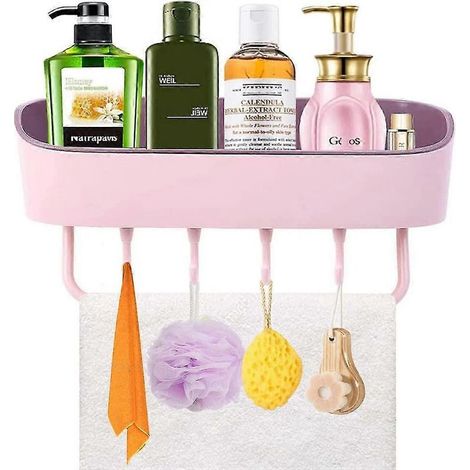 Wandmontiertes Badezimmerregal, Duschablage, kein Bohren erforderlich, selbstklebendes Duschregal, Aufbewahrungskorb für Shampoo und Toilettenartikel mit 4 Haken (1/5)
