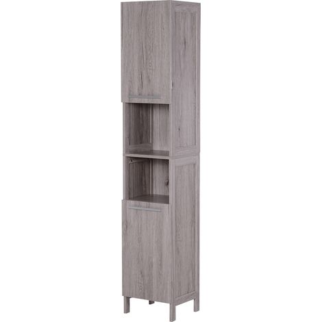 Meuble colonne salle de bain 30x32x172 cm 2 placards étagère 2 niches MDF imitation bois gris (1/5)