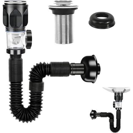 Kit de Égouttoir de Bonde de Lavabo Universel Égouttoir Siphon Lavabo avec Tuyau de Vidange Flexible Rétractable et Bouchon Dévier À Filtre Pop-up Kit de Vidange D'Évier pour Salle de Bain Cuisine (1/5)