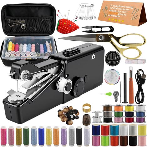 Machine à coudre portable avec kit de couture et accessoires de couture - 125 pièces - Portable - Mini sans fil - Idéal pour les débutants et les adultes - Kit complet pour réparer rapidement (1/5)