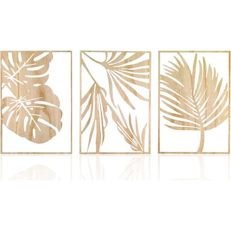 Lot de 3 sculptures murales modernes en bois, panneau en forme de feuille de plante tropicale vintage, feuilles de palmier, décoration murale rustique pour salon, salle de bain, chambre à (1/5)