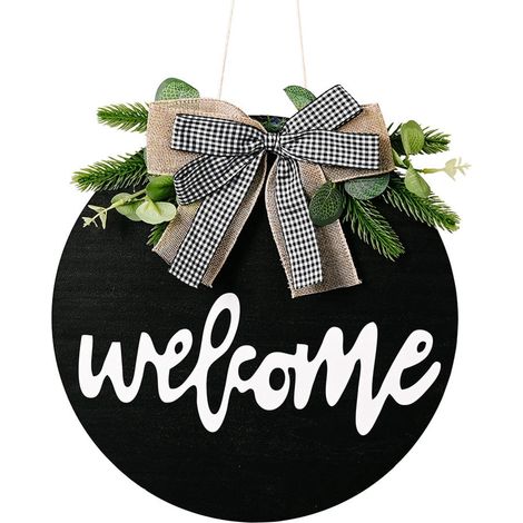 Plaque De Bienvenue - Couronne Décorative En Bois Ronde Avec Plantes Vertes Artificielles - Pour Porte D'Entrée Ou Mur Intérieur/Extérieur - 30 X 30 Cm - 1 Pièce (1/5)
