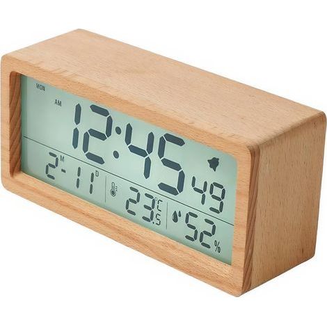 Réveil en bois avec capteur de température et snooze - Grand écran - Horloge de table avec rétroéclairage pour chambre à coucher, salon (1/5)