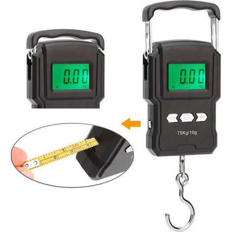 1 balance électronique, LCD rétro-éclairé, capacité 75 kg, avec ruban mesure 1 m, crochet acier inoxydable, pour pêche et usage général (1/5)