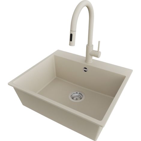 PRIMAGRAN Evier Cuisine en Granit 58x50cm,Lavabo 1 bac + Robinet 40x20cm + Kit de Vidage, Évier à Encastrer au meuble 60cm - Riga, Beige (1/5)