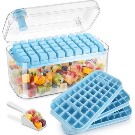 Bac a Glacon,150 Glaçons, Bac a Glacons avec Couvercle Inclut 3 Plateaux à Glaçons, 1 Pelle à Glace, Matériau Alimentaire, pour Whisky, Cocktails, Café, Boissons. (Bleu) (1/5)