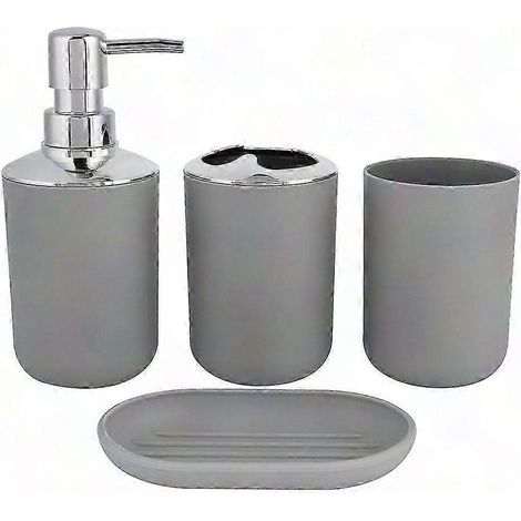 Ensemble de 4 accessoires de salle de bain en plastique pour une décoration de style champêtre : porte-brosse à dents, gobelet, distributeur de savon et porte-savon (1/5)