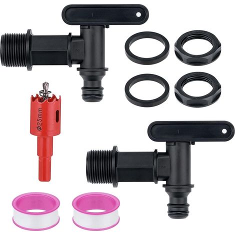 Lot de 2 robinets d'écoulement pour citerne d'eau de pluie avec joint et ouvre-trou 3/4" - Adaptateur pour récupérateur d'eau de pluie - Noir (1/5)