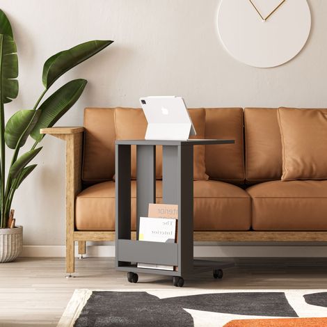 Decortie Edi Table d'appoint moderne en forme de C Mobile fonctionnel avec compartiment Anthracite Gris H60cm