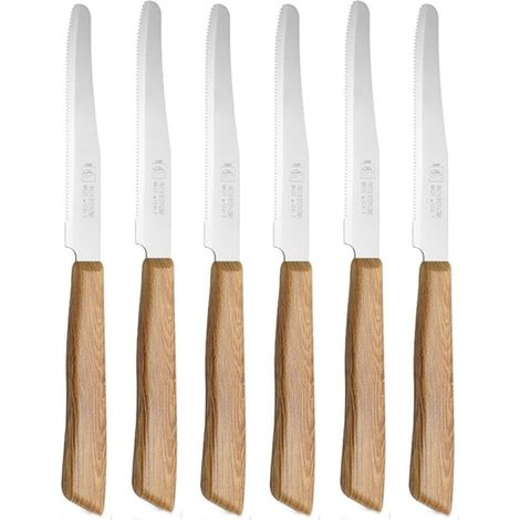 Set da 6 Coltelli da Tavola Made in Italy in Acciaio Inox con Punta Arrotondata e Lama Seghettata  Manico Effetto Legno rovere beje 22 cm Lavabili in Lavastoviglie e Professionali